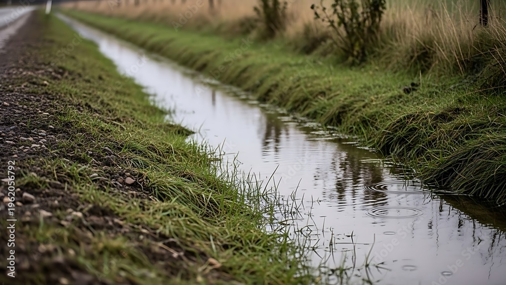 Obraz premium Narrow drainage ditch runs alongside a gravel path, bordered by lush green grass and reflecting the surrounding trees and sky.