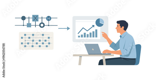 Scientific innovation and data processing scenario showing an expert applying quantum algorithm principles to transform complex datasets into actionable insights, with a character
