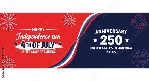 Red, white and blue Independence Day banner with fireworks and text, concept for celebration, national holiday promotion, and patriotic design.