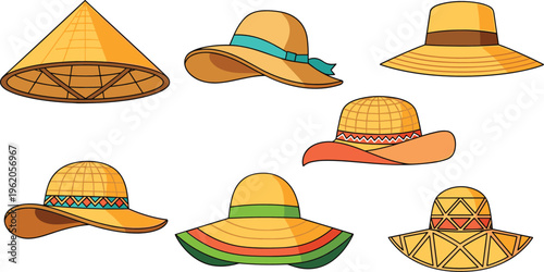 Straw hats collection with summer beach sun hats and traditional woven headwear in colorful flat cartoon vector illustration set