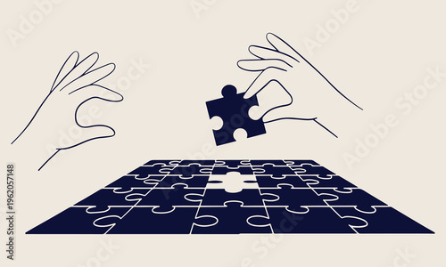  Jigsaw puzzle solution concept, fitting the final piece, problem solving strategy, business goal achievement, team cooperation success, missing piece found, logical thinking challenge
