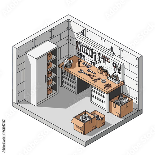 Isometric Workshop Interior with Tools and Storage.