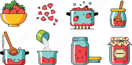 Strawberry jam making process collection with fresh fruit cooking jars and ingredients in flat cartoon vector illustration set