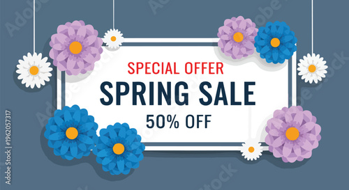 Vibrant flat design with spring flowers and text 'Spring Sale 50% Off', concept for retail promotion, seasonal offers, and holiday sales marketing.