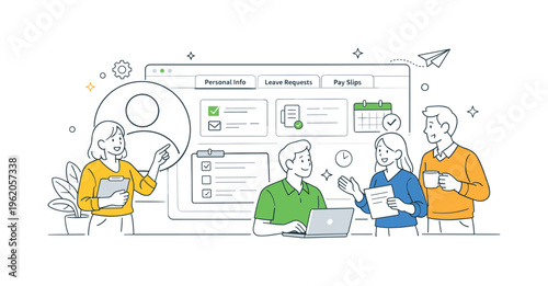 A employee self service portal and HR automation scene showing staff managing personal data and requests together around a large dashboard panel and a simple user profile icon