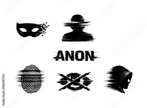 Theme: digital anonymity and privacy masking  a set of 5 glitch-distorted monochrome objects placed on a perfectly clean white background, each object carrying