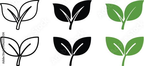 Green leaf and outline icons set for eco, nature, organic, and growth concepts, well being