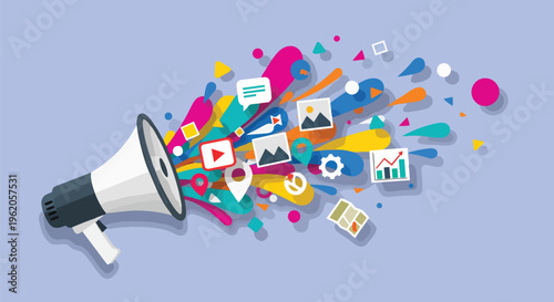 A vibrant megaphone spraying out icons and shapes on a blue background, flat design, concept for marketing strategies, advertising campaigns, and social media promotions.