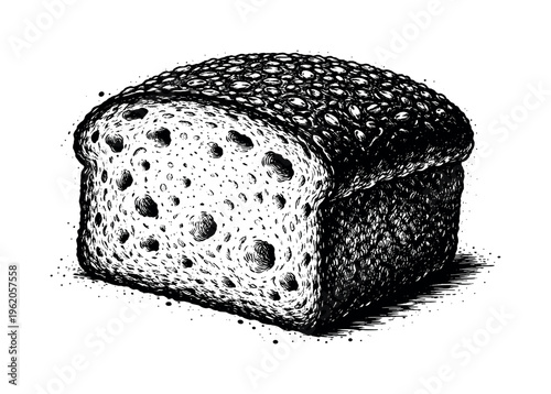 A realistic slice of bread loaf with seeds on crust shown in slight three-quarter perspective, enlarged to dominate the frame and isolated on a clean white