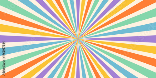 Groovy abstract rainbow swirl background. Retro vector design in 1960-1970s style. Vintage sunburst backdrop. Colorful summer hippie carnival illustration.