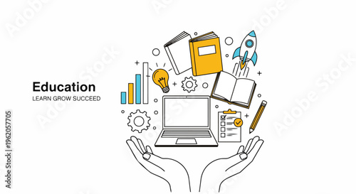 Abstract illustration of hands holding education elements, light colors, concept for online learning, educational infographics and academic presentations.