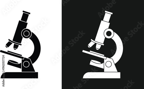 Microscope Vector Illustration Set Featuring Black Silhouette and White Line Art Icons for Science Laboratory Research Education and Medical Analysis