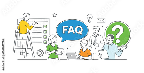 A business and user experience concept illustrating FAQ support as a structured knowledge base, showing a group of professionals managing and updating content around three key