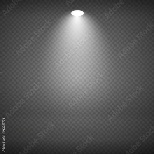 Fotografie Single bright white spotlight beam on transparent background, Realistic overhead