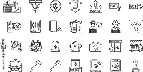 Fire safety emergency line icons set featuring firefighter equipment detector extinguisher evacuation protection rescue outline vector collection
