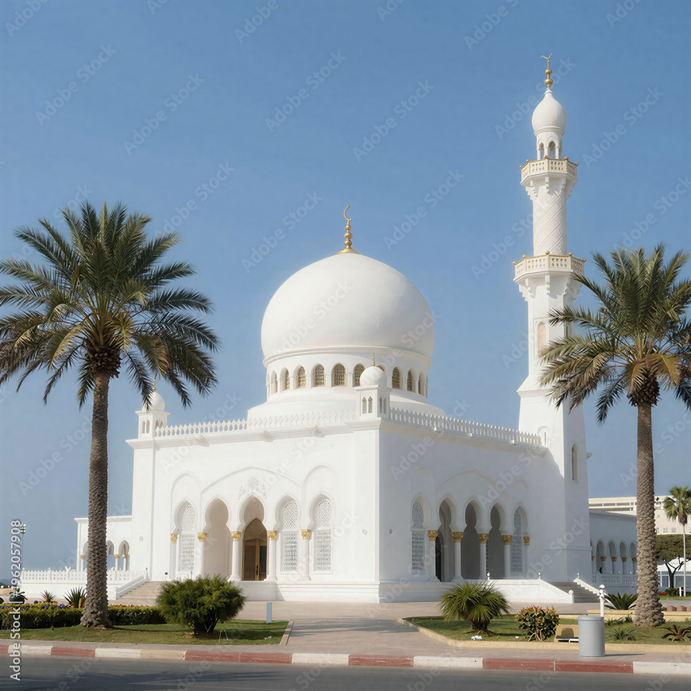Fototapeta premium White mosque with dome and minaret surrounded by palm trees on the East African coast