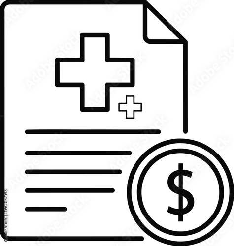 Medical document with cross and dollar sign icon representing healthcare costs and medical billing