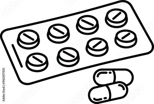 A simple line drawing of a blister pack of pills and two loose capsules on a white background