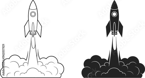 Rocket Launch Vector Illustration Set Featuring Line Art and Silhouette Style Spacecraft with Smoke Clouds for Startup Success and Exploration