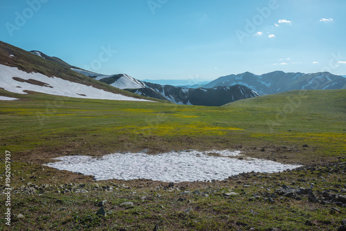 Sunlit snowfield on flowering grassy meadow with view to alpine valley, rocky...