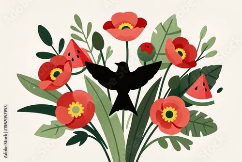 A bouquet of flowers and leaves on a beige background