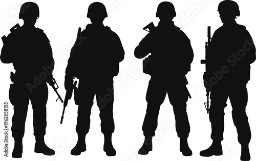 Silhouette of Four Tactical Soldiers Standing with Modern Assault Rifles and Full Combat Gear for Special Operations Defense Vector Illustration