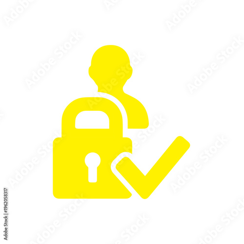 Yellow user account access granted icon featuring a padlock and a checkmark graphic on white background.