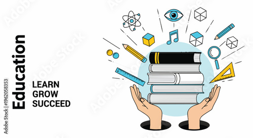 Illustration of hands holding books and school elements, vibrant colors on a white background, perfect for educational content, learning resources, and academic marketing.