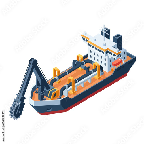 Isometric Dredger Ship with Cutter Head for Underwater Excavation.