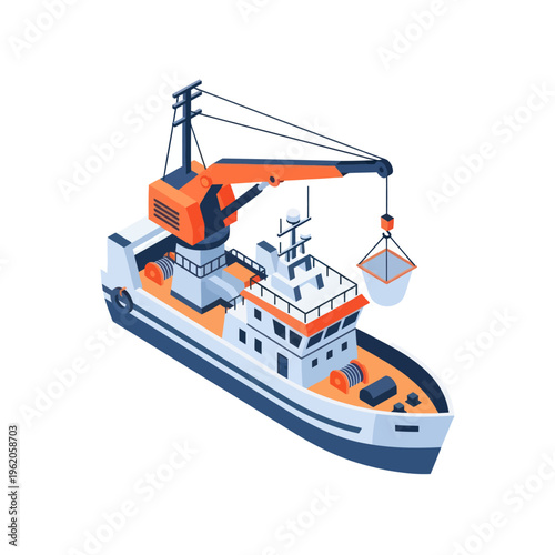 Isometric Fishing Boat with Crane Lifting Net of Catch.