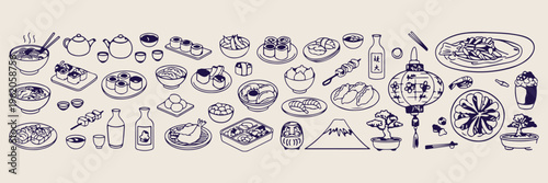 Japanese sushi cuisine pattern, traditional oriental food sketch, asian restaurant menu elements, fresh seafood illustration, cultural dining experience, gourmet sushi set, bento box food art

