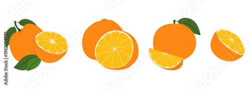 Set of bright orange fruits with different compositions of whole fruits, citrus halves and sliced ​​oranges with green stems. Collection of ripe citrus fruits for juices, healthy eating and cooking 