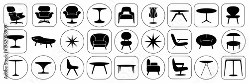 Black mid-century modern furniture icon sheet – Suitable for minimalist home design, retro upholstery, or interior styling.