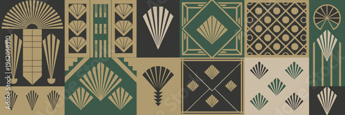 Vintage gold and emerald Art Deco pattern sheet - Ideal for jazz age themes, high-end packaging, or elegant posters.