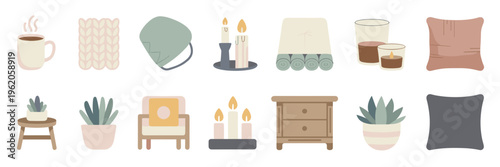 Scandinavian hygge lifestyle and home decor icons – Perfect for interior design blogs, cozy lifestyle apps, or home catalogs.