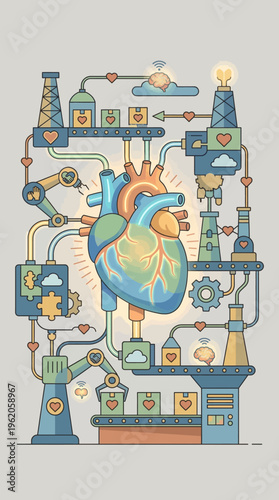 Artificial intelligence and bioengineering concept with anatomical heart connected to factory conveyor belt