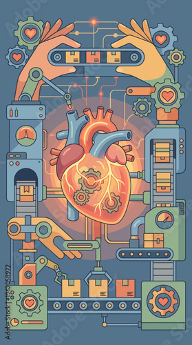 Healthcare technology concept with hands engineering a mechanical heart on factory assembly line
