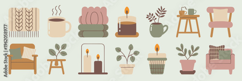 Danish hygge cozy home and coffee icon set – Great for morning routine content, relaxation apps, or boutique home goods.