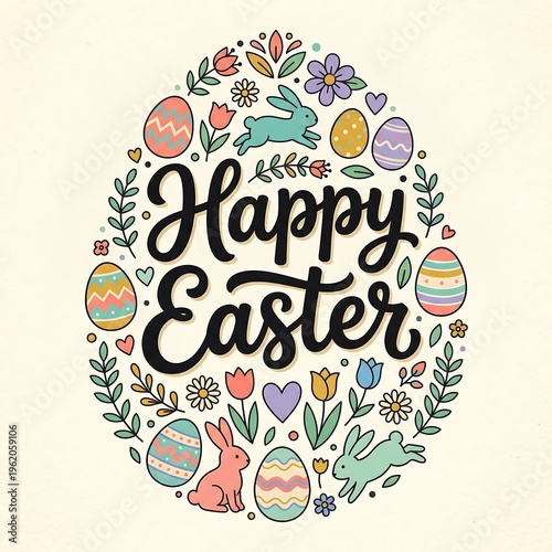 A colorful Happy Easter graphic with bunnies eggs and flowers