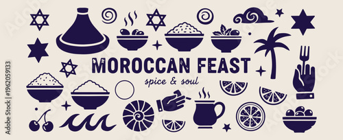 Moroccan feast traditional cuisine, middle eastern food culture, spice and soul cooking, authentic oriental dining, exotic culinary experience, mediterranean food pattern, tajine and couscous illustra