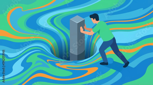 Man pushing pillar into colorful surreal vortex hole concept of overcoming business obstacles