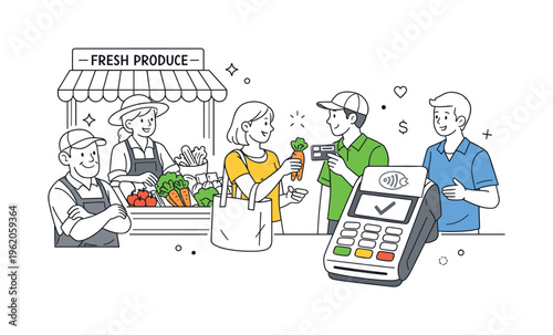 A rural business and agriculture commerce scene focused on farm sales and direct-to-consumer exchange, where a small group of farmers and customers interact around two main objects