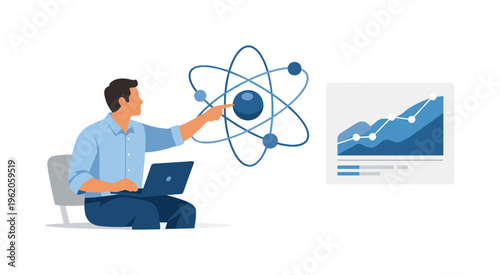 Future of financial modeling scene showing a business expert applying quantum finance concepts to solve highly complex market problems and optimize decision making, with a