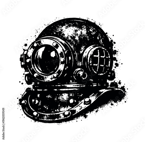 A vintage diving helmet shown in three-quarter perspective, slightly tilted to reveal its rounded dome and protruding front viewport, dominating the frame with