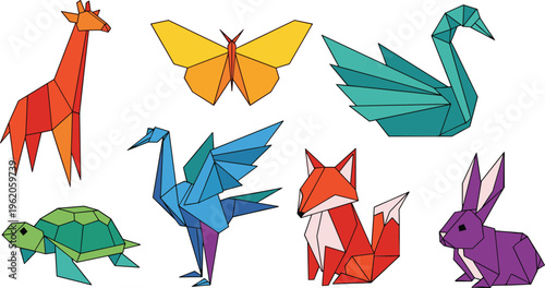 Colorful low poly animals collection with giraffe butterfly swan bird fox turtle and rabbit geometric vector illustration set