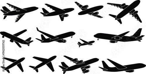 Black silhouette collection of commercial airplanes and passenger jets flying in various angles isolated on white background for aviation design