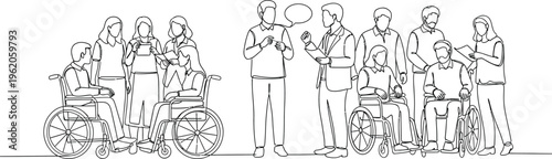 People in wheelchairs and caregivers