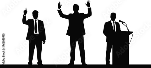 Black silhouette collection of male public speakers in suits giving speeches at podium and gesturing isolated on white background vector
