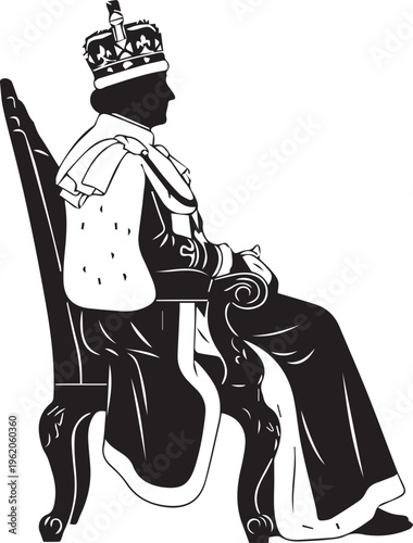King sitting on royal throne with crown vector silhouette illustration line art character