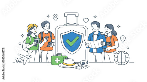 A travel planning scenario where individuals secure protection for trips to ensure safety and financial coverage during unexpected situations abroad, visualized through a small